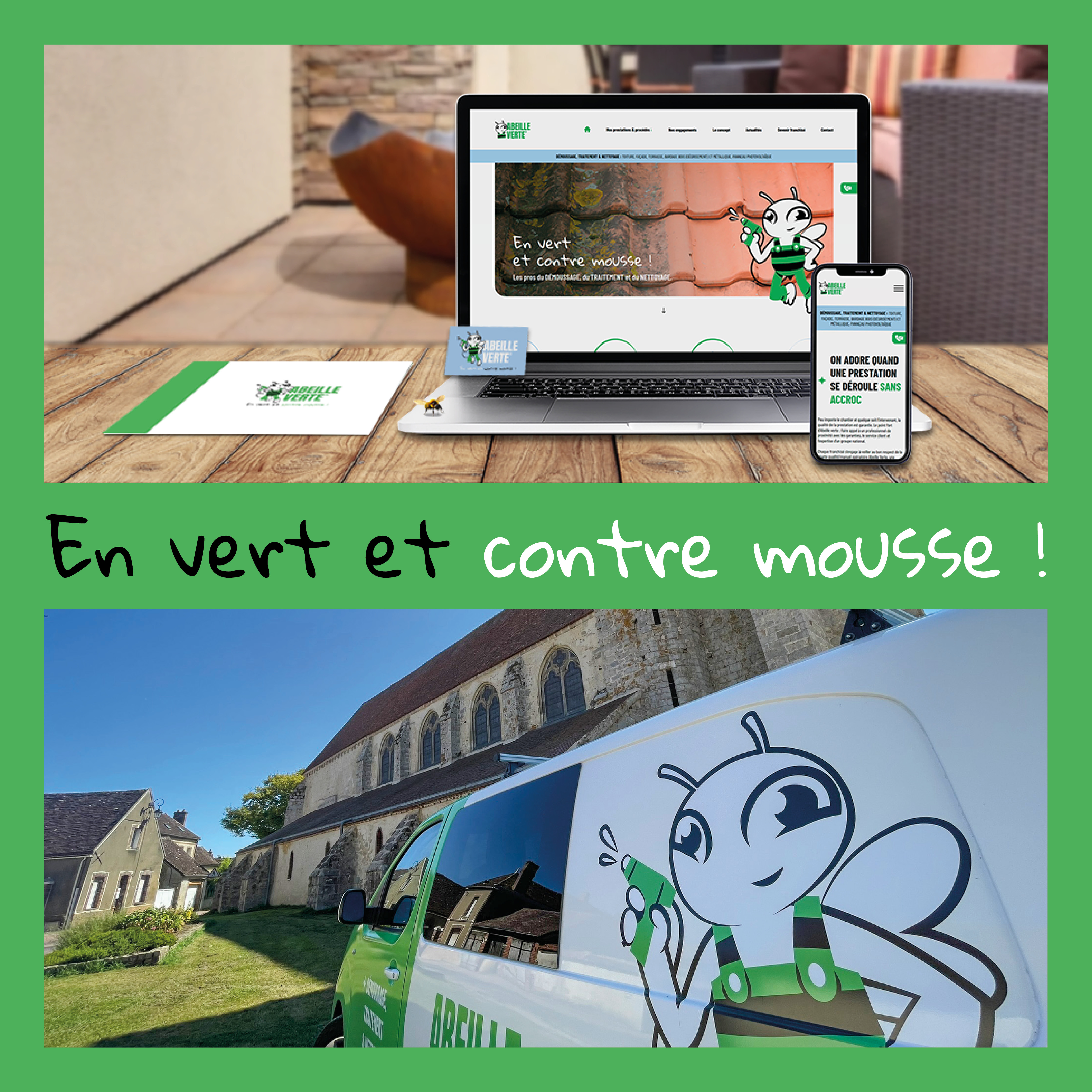 Mockup siteweb, carte de visite et plaquette abeille verte avec camion floqué abeille verte